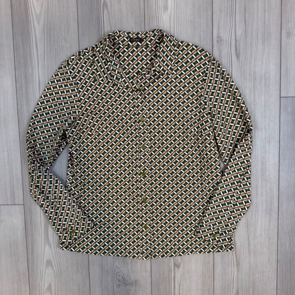 J.McLaughlin Catalina Cloth Button Down Shirt Green Brown Geometric Print Large